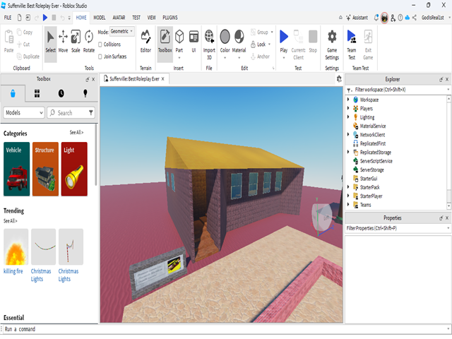 Screenshot of Roblox Studio showing Sufferville game development progress